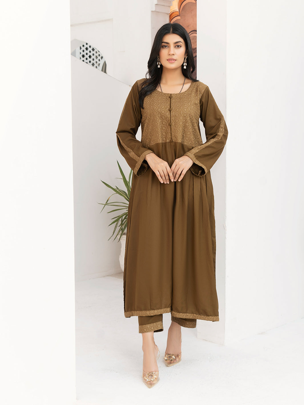 Brown Dhanak Embroidered Suit