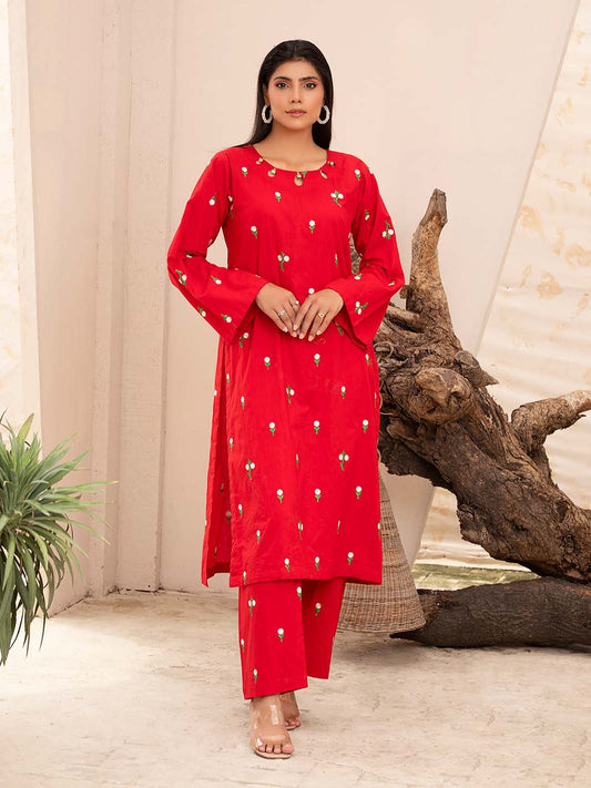 Red Embroidered Lawn Co-Ord