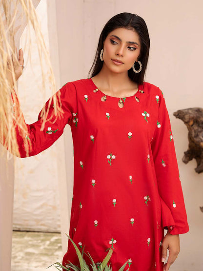 Red Embroidered Lawn Co-Ord